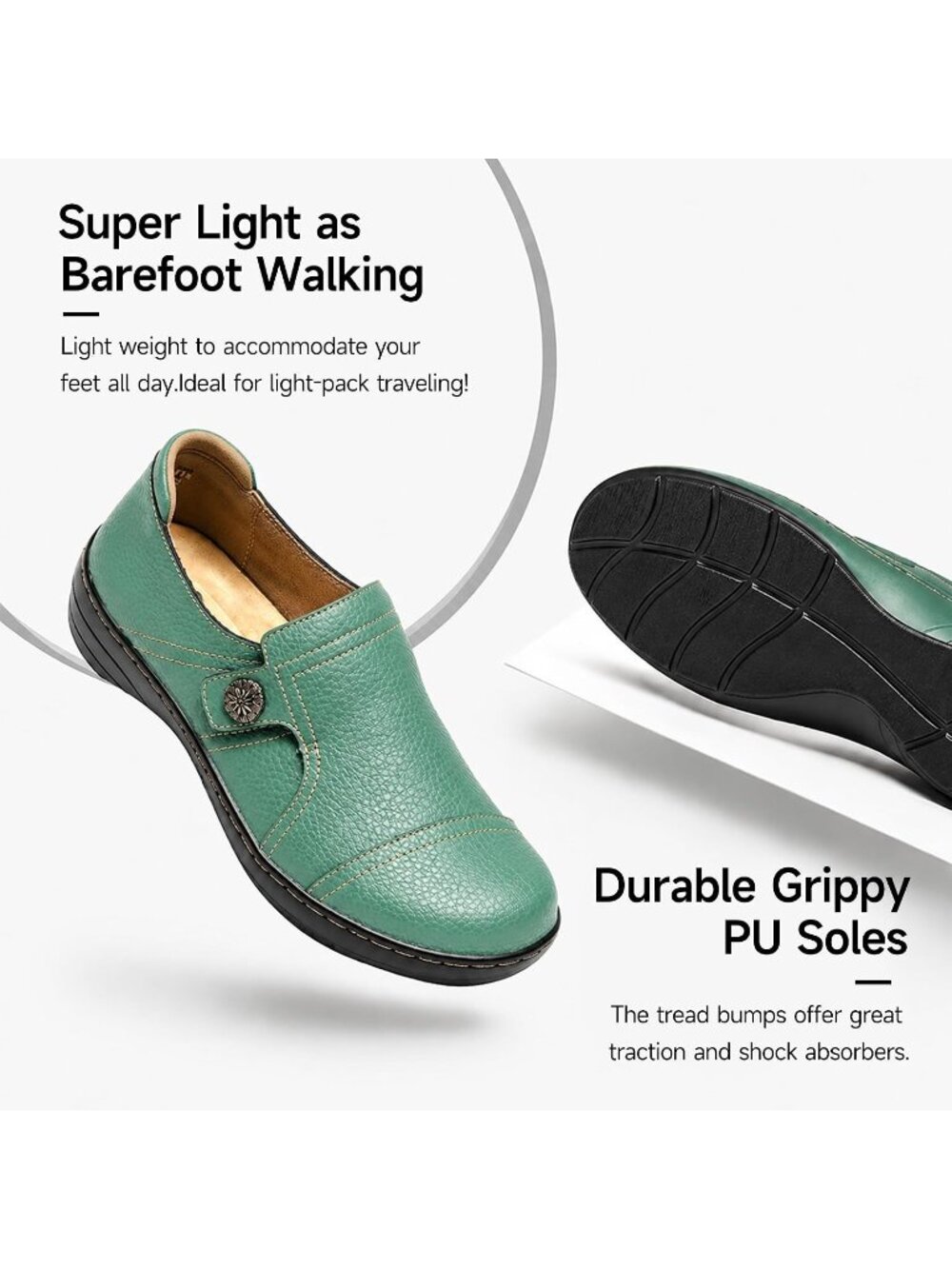 Women's Green Leather Casual Comfortable Dressy Flats Loafers & Slip-On Shoes - Picture 6 of 6